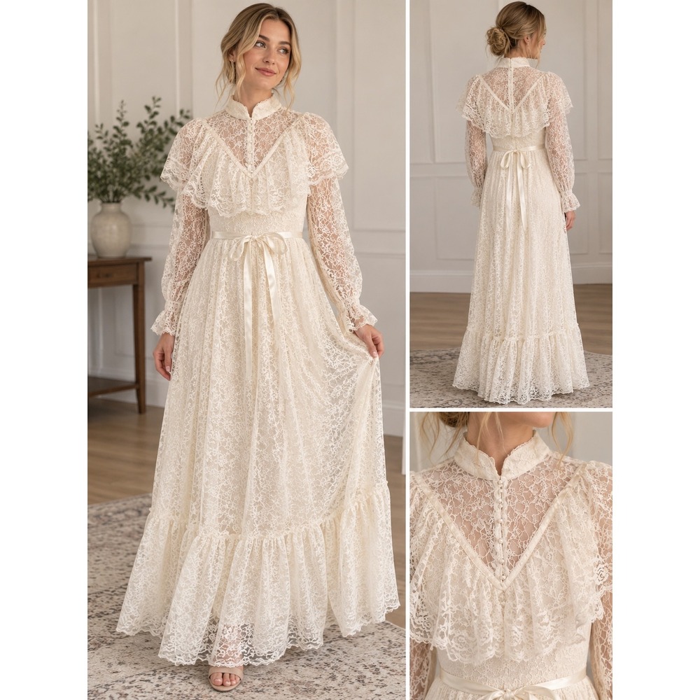 Vintage Victorian Style Lace Maxi Dress Cream Ivory Ruffle Wedding Cottagecore